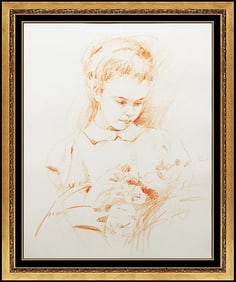 Pino Daeni Original Drawing Signed Child Portrait Floral Bouquet Framed Artwork