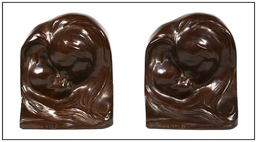 George Aarons Love'S Embrace Bronze Sculpture Bookends Signed Framed Artwork