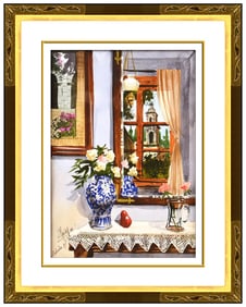 Juan Medina Original Interior Still Life Watercolor Painting Signed Framed Art
