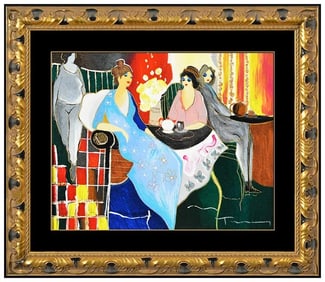 Itzchak Tarkay Original Mixed Media Painting On Canvas Signed Female Cafe Art