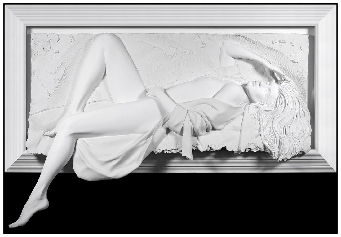 Bill Mack Symphony Original Bonded Sand Relief Sculpture Signed Nude Artwork: This lot includes:Gallery COA & free domestic shipping (*insurance and international shipping for an additional charge)Artist: Bill MackTitle: SymphonyMedium: Bonded Sand ReliefFramed: 27” x 57&