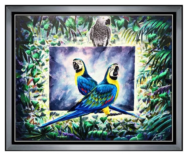 Ferjo Fernando Oliviera Signed Oil Painting On Canvas Surreal Bird Art: This lot includes:Gallery COA & free domestic shipping (*insurance and international shipping for an additional charge)Artist: Fernando Ferjo Title: Parrots in the TreeMedium: Oil Painting on CanvasSi