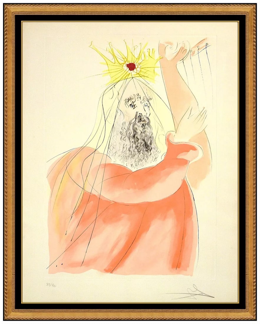 Salvador Dali King David Original Hand Signed Color Etching Framed Portrait Art: This lot includes:Gallery COA & free domestic shipping (*insurance and international shipping for an additional charge)Artist: Salvador DaliTitle: King DavidMedium: EtchingSize: 26” x 20”F