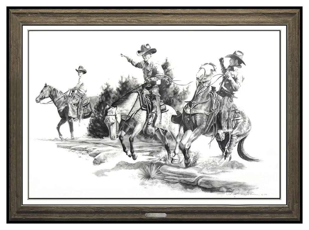 Bill Anton Original Charcoal Drawing Large Signed Cowboy Western Horse Artwork (1 of 6)