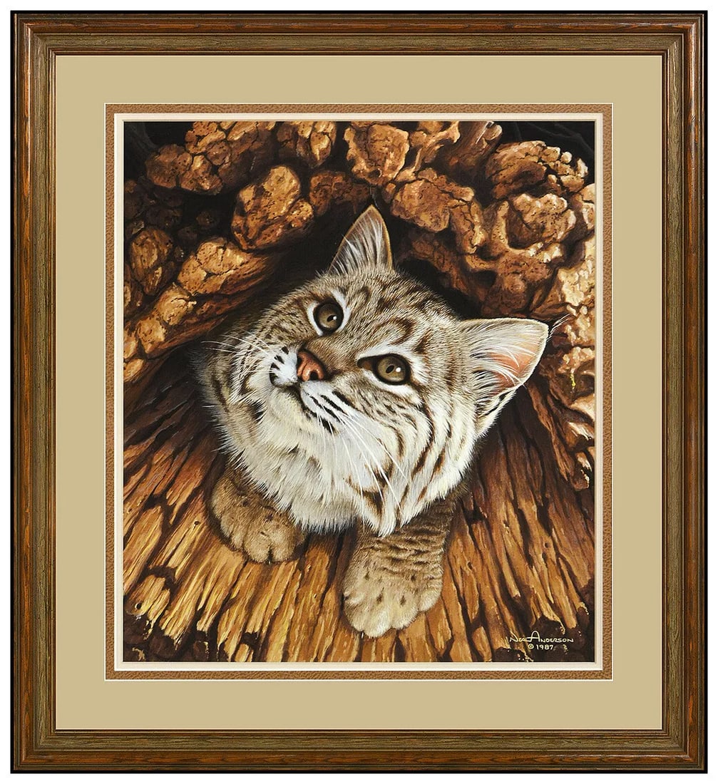 Neal Anderson Original Cat Animal Portrait Acrylic Painting Signed Framed: This lot includes: Gallery COA & free domestic shipping (*insurance and international shipping for an additional charge) Artist: Neal Anderson Title: The Log Hideout Medium: Acrylic Painting Size: 12&