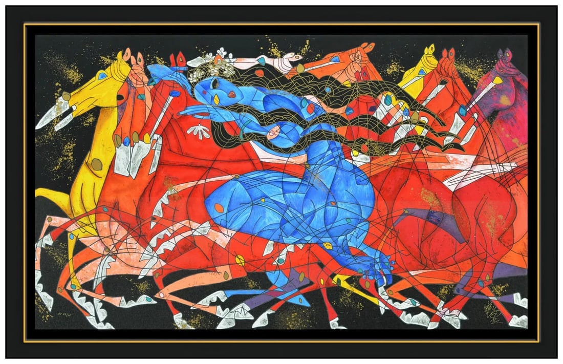 Jiang Tie Feng Hand Embellished Serigraph Blue Lady Horse Signed Framed (1 of 6)