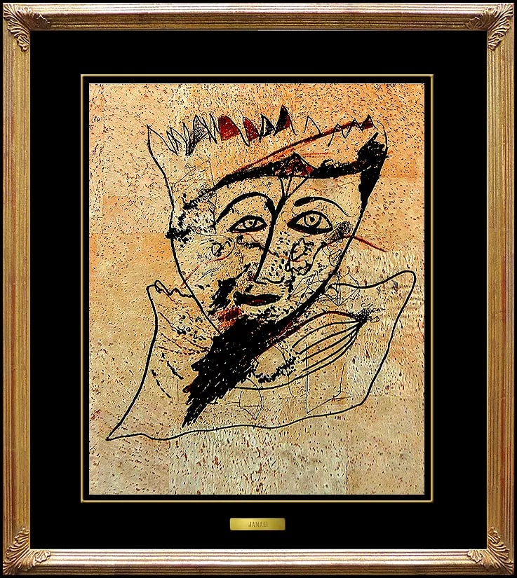 Jamali Original Painting Pigmentation On Cork Abstract Profile Signed Artwork: This lot includes:Gallery COA & free domestic shipping (*insurance and international shipping for an additional charge)Artist: JamaliTitle: The Royal KingMedium: Pigmentation on Cork PaintingSize: 14"