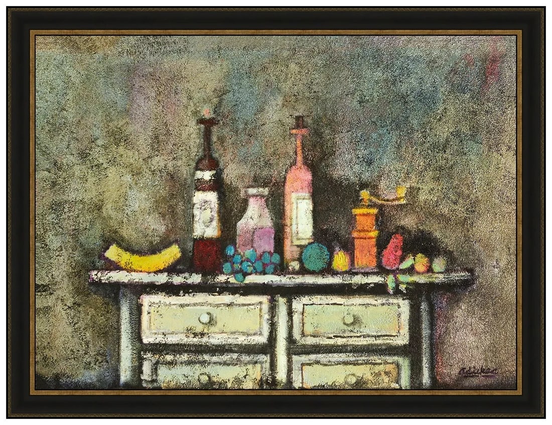 David Adickes Large Original Painting Still Life Signed Framed Artwork: This lot includes:Gallery COA & free domestic shipping (*insurance and international shipping for an additional charge)Artist: David AdickesTitle: Night of GuestsMedium: Acrylic painting on boardSize: