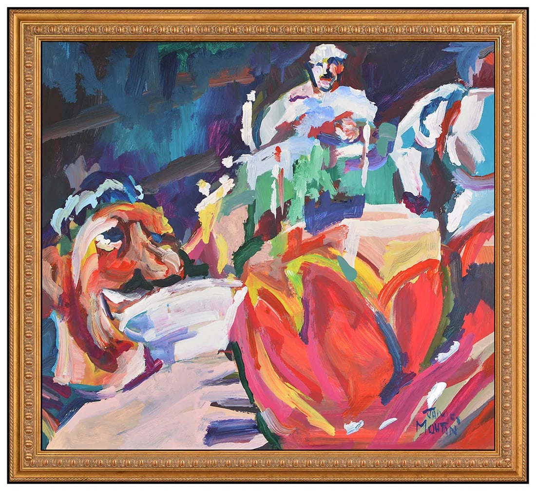 James Mouton Original Oil Painting on Board Figures Food Signed Framed Artwork: This lot includes:Gallery COA & free domestic shipping (*insurance and international shipping for an additional charge)Artist: James MoutonTitle: Gastronomy FlavorMedium: Oil on BoardSize: 18” x