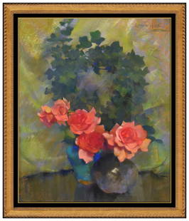 Laura Coombs Hills Signed Floral Still Life Pastel Painting Framed Artwork: This lot includes:Gallery COA & free domestic shipping (*insurance and international shipping for an additional charge)Artist: Laura Coombs HillsTitle: Queen Mary Roses and English IvyMedium: PastelSi