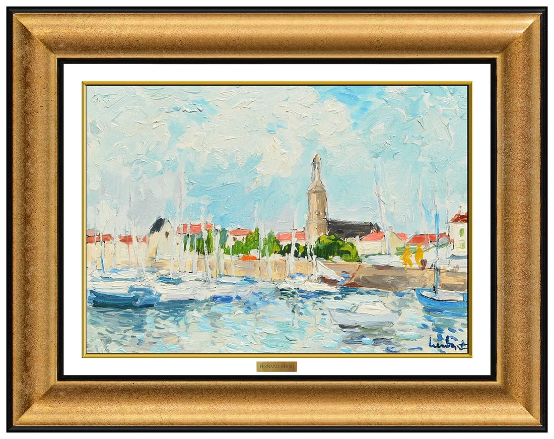 Fernand Herbo Original Signed Oil Harbor Landscape on Board Framed Art: This lot includes:Gallery COA & free domestic shipping (*insurance and international shipping for an additional charge)Artist: Fernand Herbo Title: Club De Boiler, St. Gilles Sur VieMedium: Oil Painti