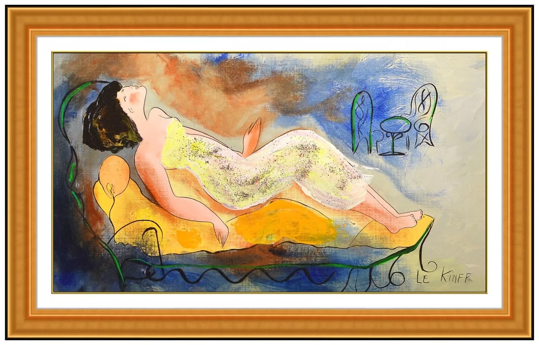 Linda Le Kinff Large Original Signed Female Portrait on Canvas Art: This lot includes:Gallery COA & free domestic shipping (*insurance and international shipping for an additional charge)Artist: Linda Le Kinff Title: Relaxed on the Chaise Medium: Painting On CanvasSiz