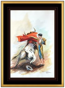 Alfredo Carmelo Original Signed Gouache Oil Matador Full Fight Framed Art