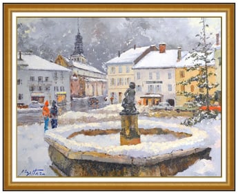 Pierre Bittar Large Original Signed Oil Winter Cityscape on Canvas Art