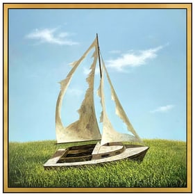 Evelyn Taylor Original Signed Oil Surreal Sailboat Landscape Painting on Canvas Art