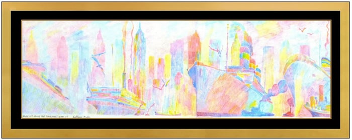 Guillaume Azoulay Original Signed Ink Cityscape Harbor West Gate Drawing Artwork