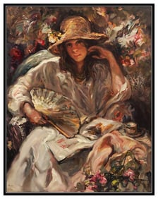 Jose Royo Large Signed Color Serigraph Sol Y Sombra Portrait Painting on Board Framed Art
