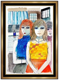 Charles Levier Female Portrait Gouache Painting Hand Signed Framed