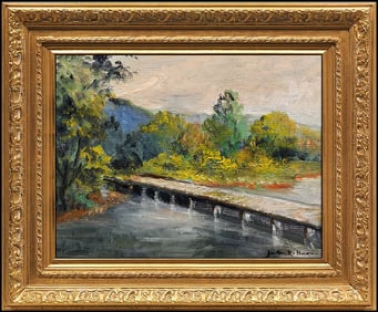 Jules R. Herve Landscape Oil Painting on Board Signed Framed