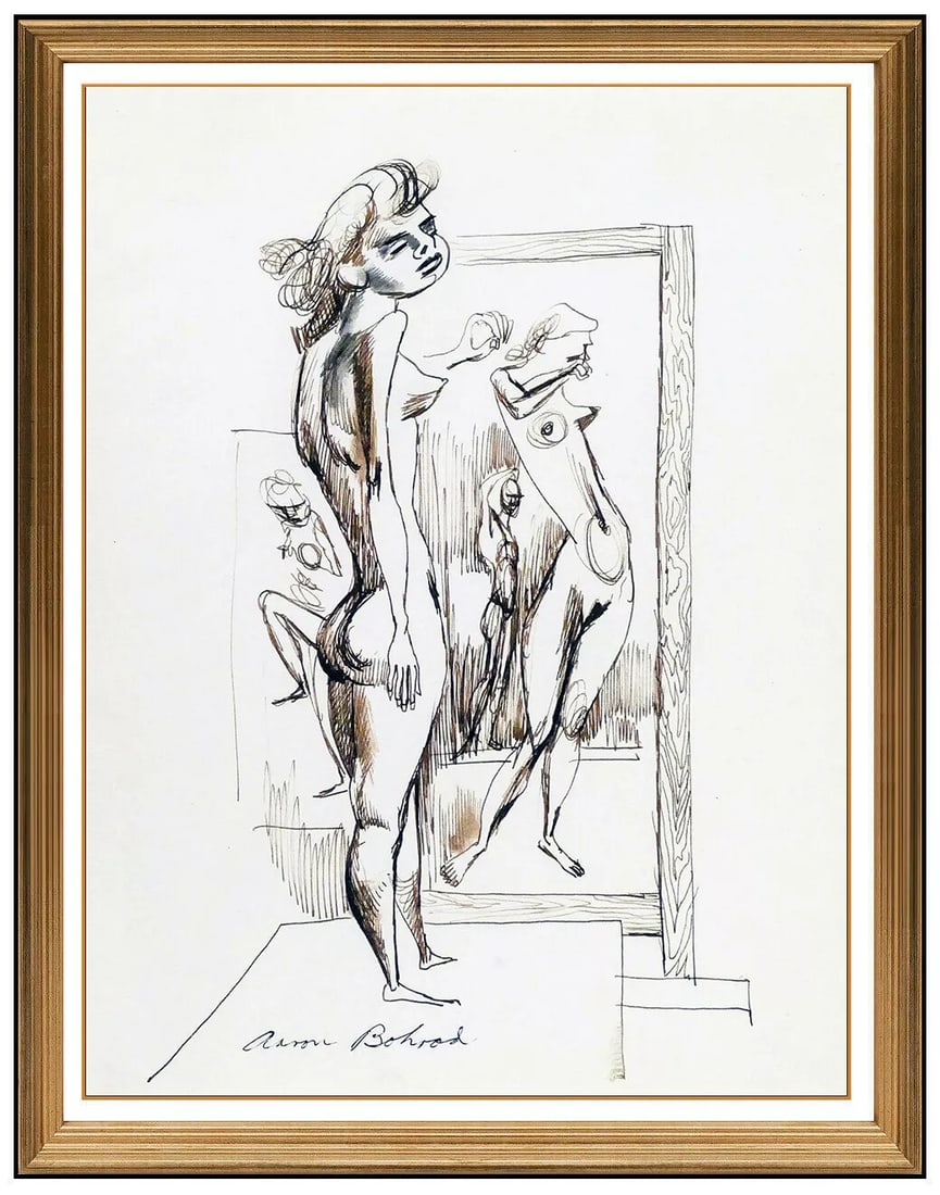 Aaron Bohrod Nude Female Ink Drawing Signed Figurative: This lot includes:Gallery COA & free domestic shipping (*insurance and international shipping for an additional charge)Artist: Aaron BohrodTitle: The Dressing RoomMedium: Ink DrawingSize: 10.5" x 8.5"
