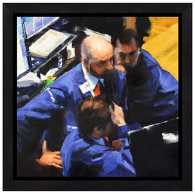 Ben Aronson Stock Market Oil Painting on Board Signed Framed