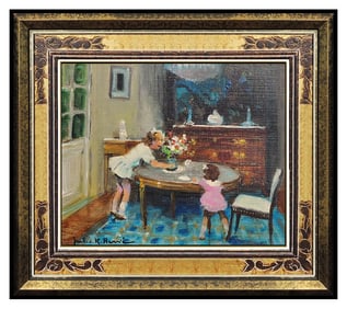 Jules R. Herve Children Portrait Floral Oil Painting on Canvas Signed