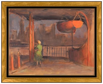 Lee Jackson Female Figure Cityscape Oil Painting on Board Signed Framed