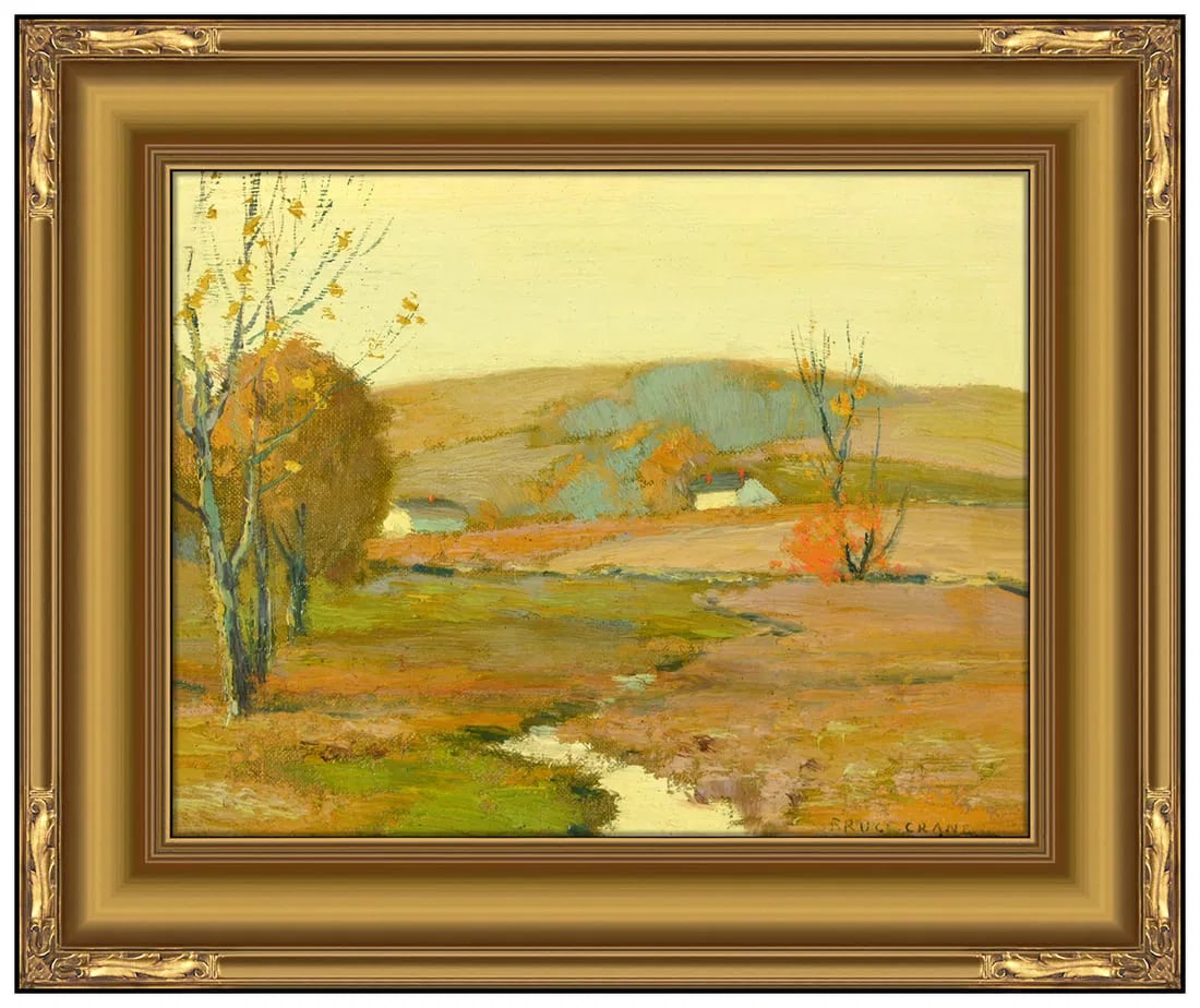 Bruce Crane Original Oil Painting On Board Landscape Signed Framed Artwork: This lot includes:Gallery COA & free domestic shipping (*insurance and international shipping for an additional charge)Artist: Bruce CraneTitle: The Autumn ColorMedium: Oil on BoardSize: 8” x 10