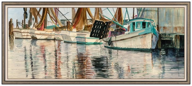 Richard Iams Large Original Harbor Seascape Painting Acrylic On Board Signed Art