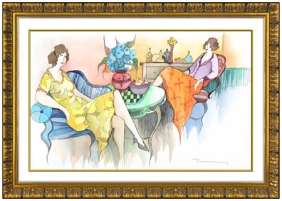 Itzchak Tarkay Original Watercolor Signed Female Figures Painting Framed Artwork