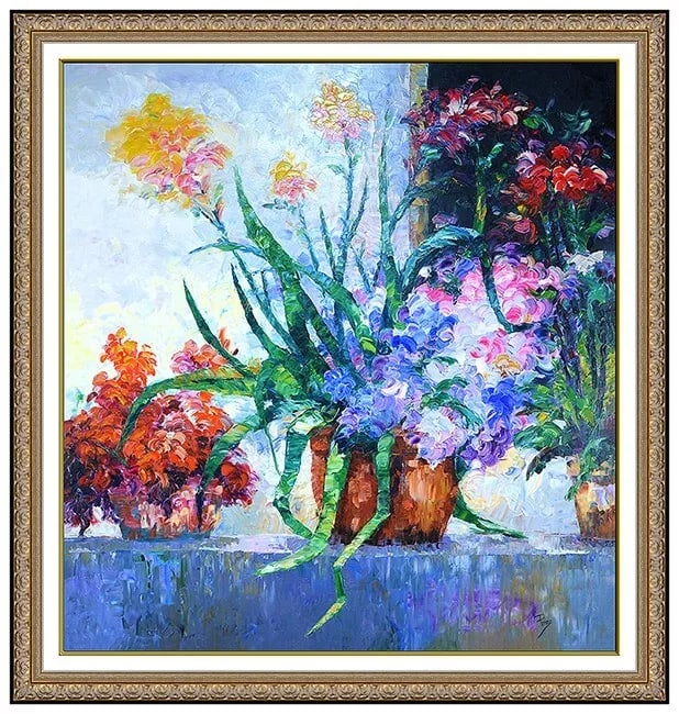 Alex Perez Large Original Painting Oil On Canvas Floral Signed Framed Artwork (1 of 4)