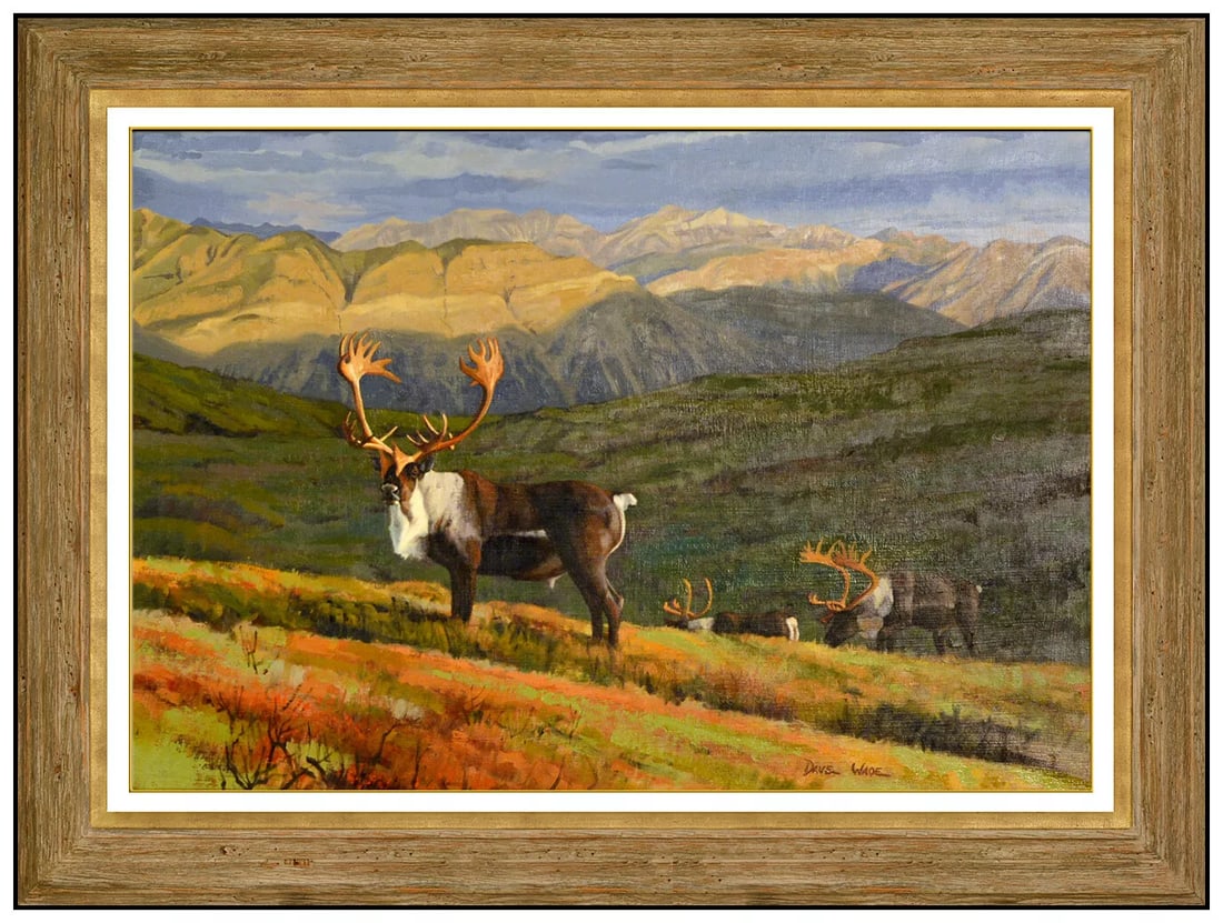 Dave Wade Original Signed Wildlife Caribou Landscape Oil Painting on Board: This lot includes: Gallery COA & free domestic shipping (*insurance and international shipping for an additional charge) Artist: Dave Wade Title: On Alert Medium: Oil Painting On Board Size: 18" x 26"