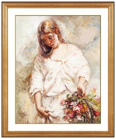 Jose Royo Large Female Floral Original Oil Painting on Canvas Signed Framed
