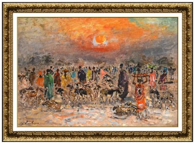 Andre Hambourg Beach Landscape Oil Painting on Canvas Signed Framed Artwork