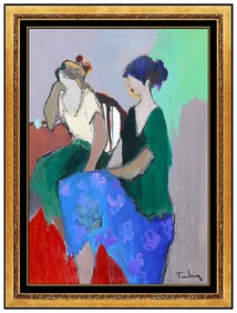 Itzchak Tarkay Cafe Ladies Portrait Original Oil Painting on Canvas Signed