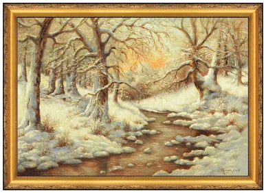 Laszlo Neogrady Winter Landscape River Oil Painting on Canvas Signed Artwork