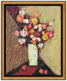 David Pryor Adickes Flowers Still Life Painting on Board Signed Framed Art