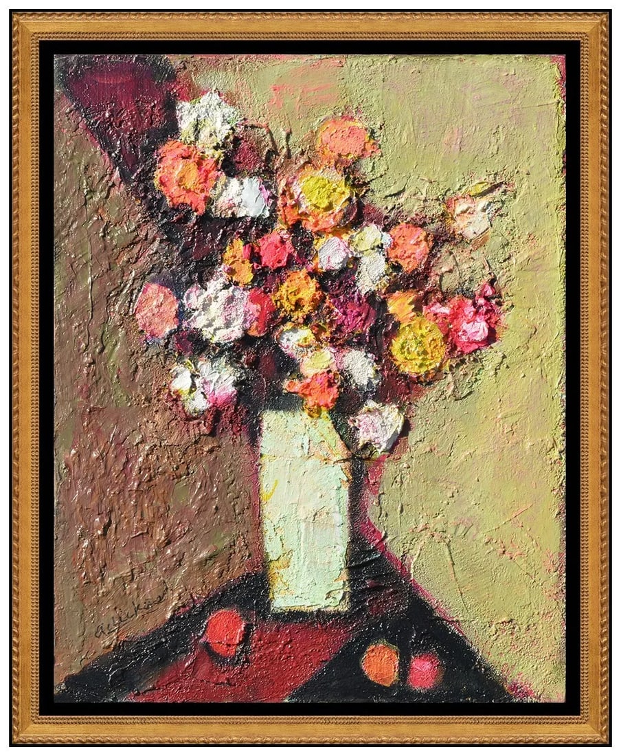 David Pryor Adickes Flowers Still Life Painting on Board Signed Framed Art (1 of 4)