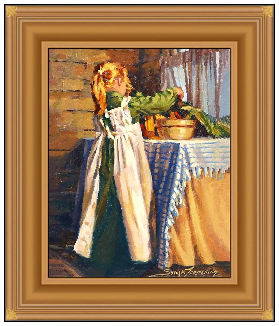 Sonya Terpening Portrait Oil Painting on Board Signed Framed Original Art: This lot includes:Gallery COA & free domestic shipping (*insurance and international shipping for an additional charge)Artist: Sonya TerpeningTitle: Dinner Chores Medium: oil painting on board Size: 1