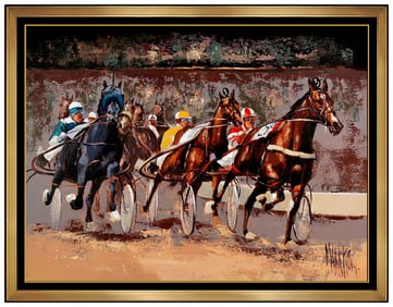 Mark King Horse Racing Oil Painting on Canvas Signed Large Framed Art