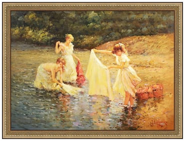 Jean Louis Lefort Women and Children Painting on Board Signed Framed Art