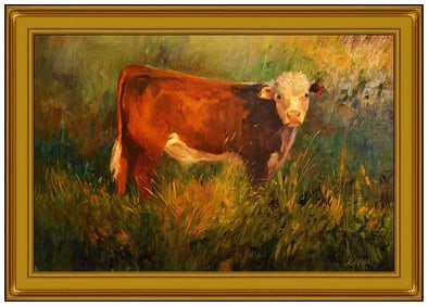 Robert Moore Cow Animal Oil Painting on Board Signed Large Framed Art
