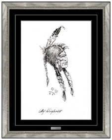 Olaf Carl Wieghorst Native American Portrait Ink Drawing Signed Original