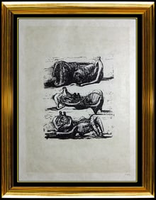 Henry Moore Reclining Figures Lithograph Hand Signed Watercolor Framed Art