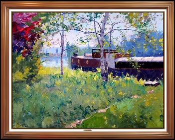 Pierre Bittar Boat Landscape Oil Painting on Canvas Signed Large Artwork