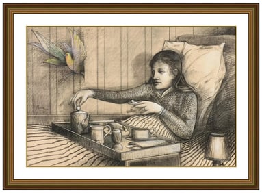 Peter Paone Female Portrait Charcoal Drawing Signed Framed Illustration Art