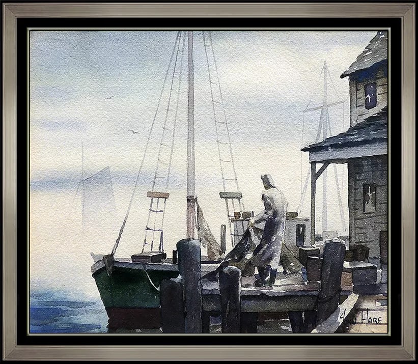 John Cuthbert Hare Gloucester Harbor Landscape Painting Signed Original Art: This lot includes:Gallery COA & free domestic shipping (*insurance and international shipping for an additional charge)Artist: John CuthbertTitle: Morning CatchMedium: Gouache PaintingSize: 7" x 8"Fra