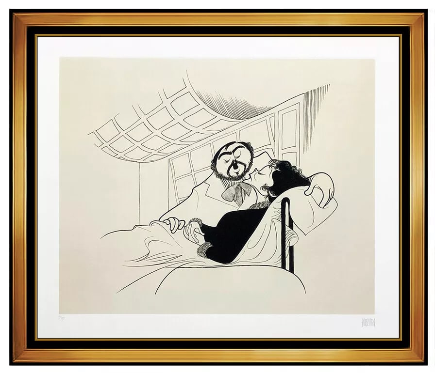 Al Hirschfeld Original Etching Hand Signed Caricature Pavarotti Scotto La Boheme: This lot includes:Gallery COA & free domestic shipping (*insurance and international shipping for an additional charge)Artist: Al HirschfeldTitle: La Boheme: Luciano Pavarotti and Renata ScottoMedium: