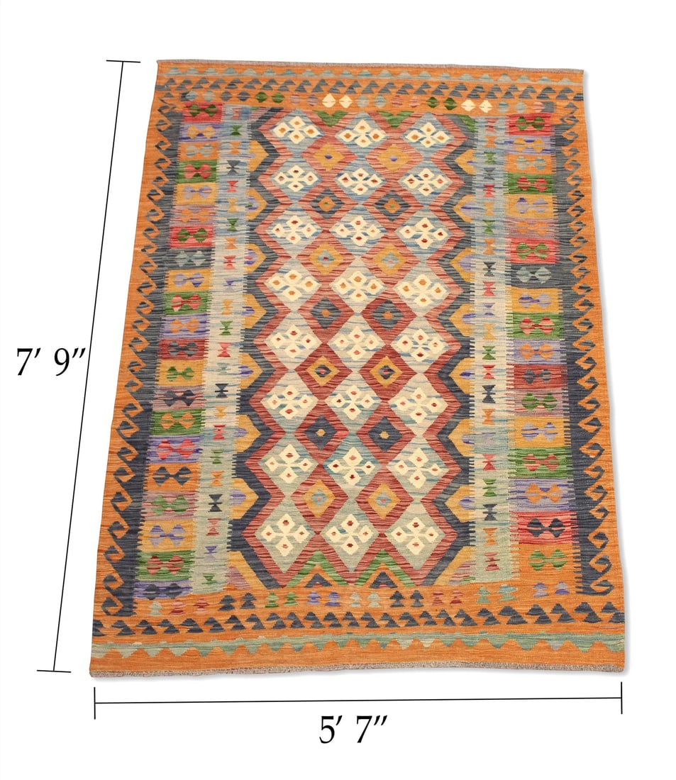 Large Hand Knotted Flat Weave Kilim Style Multicolored Geometric Rug Carpet - 5' 7" x 7' 9" (1 of 4)