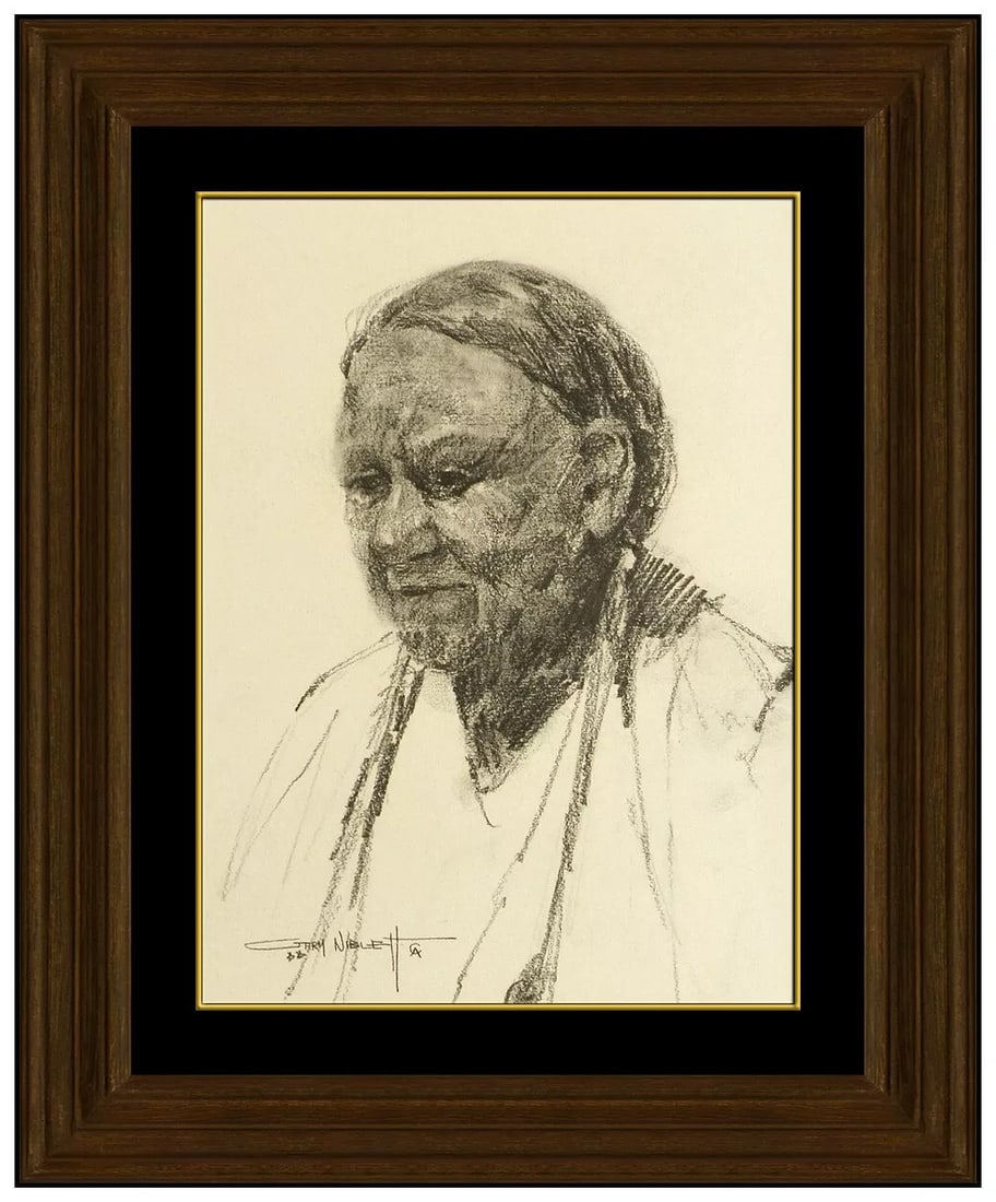 Gary Niblett Original Native American Portrait Charcoal Drawing Signed Artwork: This lot includes:Gallery COA & free domestic shipping (*insurance and international shipping for an additional charge)Artist: Gary Niblett Title: Thinking Back Medium: Charcoal Drawing Size: 13&rdquo